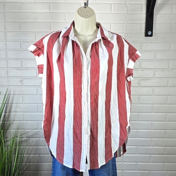 Madewell Red and White Central Tunic Button Up Top size Xtra Small - Picture 3 of 12